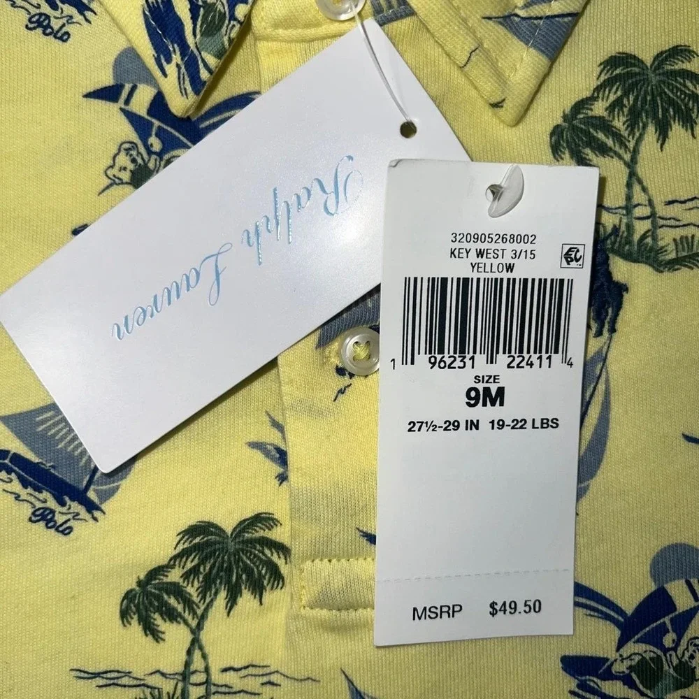 NWT Ralph Lauren Shirt Toddler Sz 9M Yellow Polo Sail Boat Palm Tree Surfing AOP